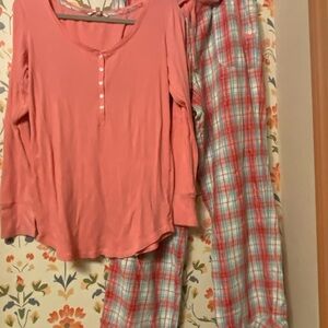 Pink Long Sleeve Top and Plaid Pajama Pants Set- Victoria Secret